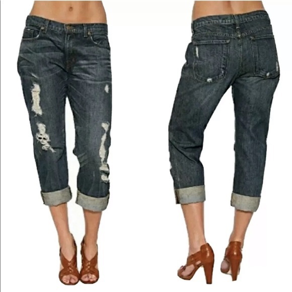 J Brand “Camille” Distressed Destroyed Dark Blue Boyfriend Jeans Crop size 30 - Picture 3 of 15
